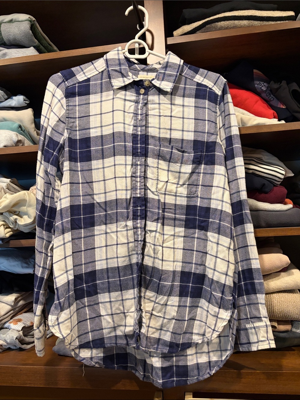 Women’s  Blue and White Plaid Button-Up Shirt Small